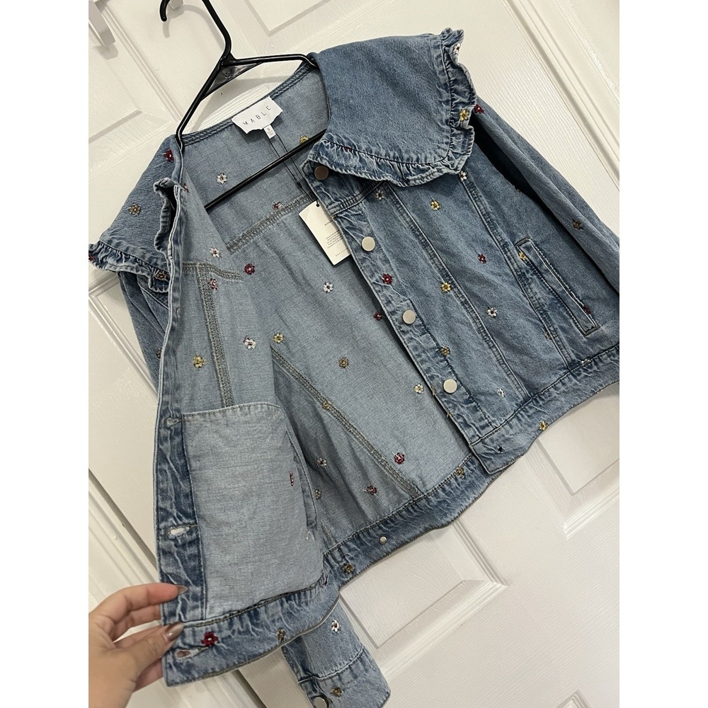 Cottagecore Denim Jacket Floral Embroidered Peter Pan Collar Coquette Fairycore - Picture 6 of 16